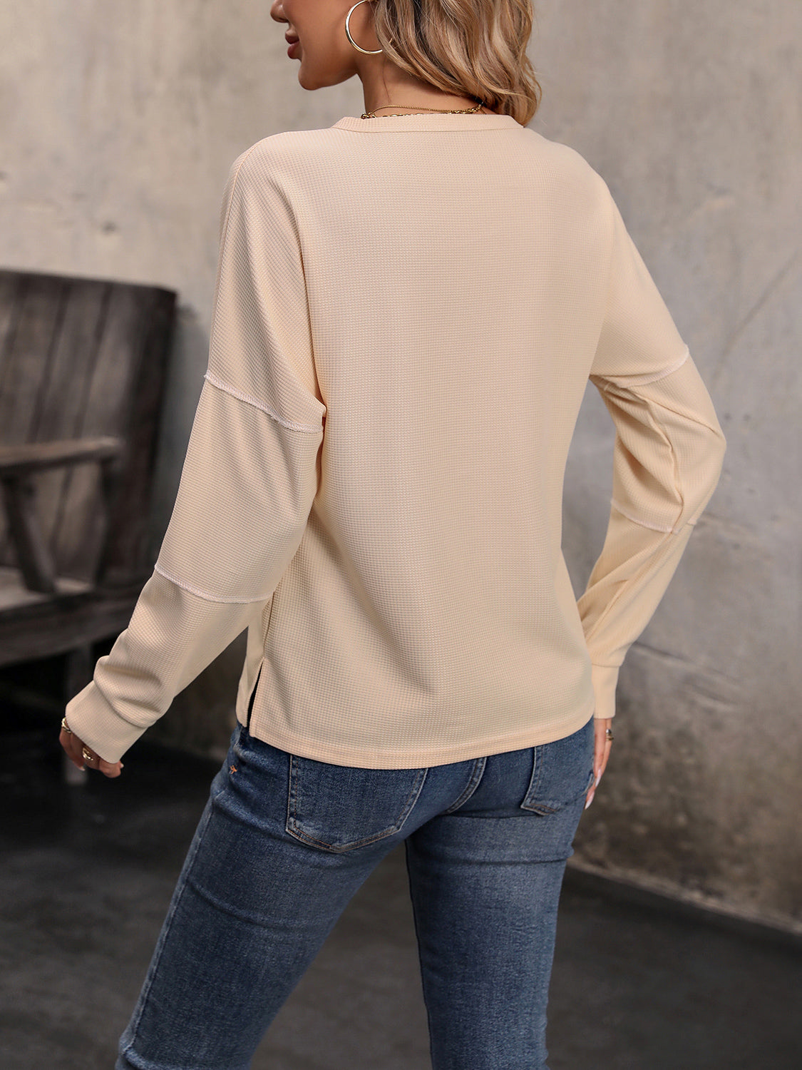 Perfee Round Neck Buttoned Slit Long Sleeve Top