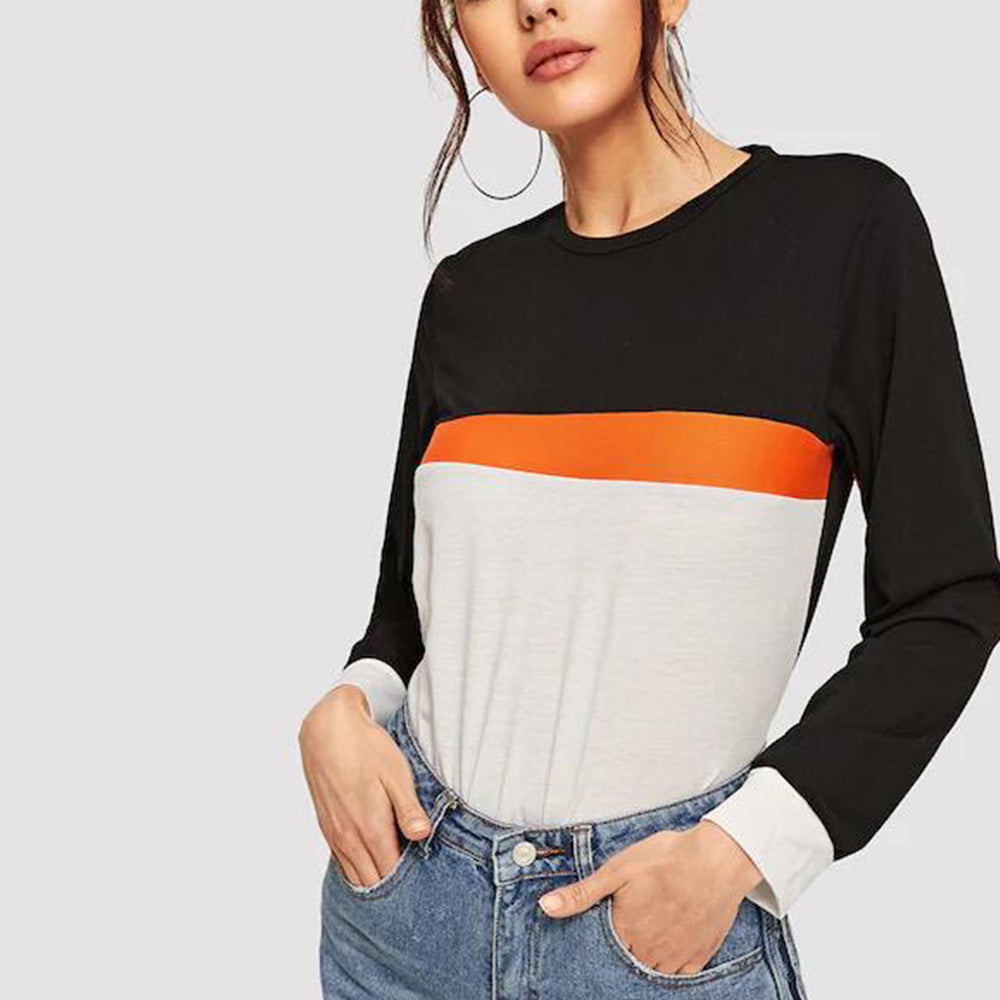 Shiny Color Block Round Neck Long Sleeve Tee