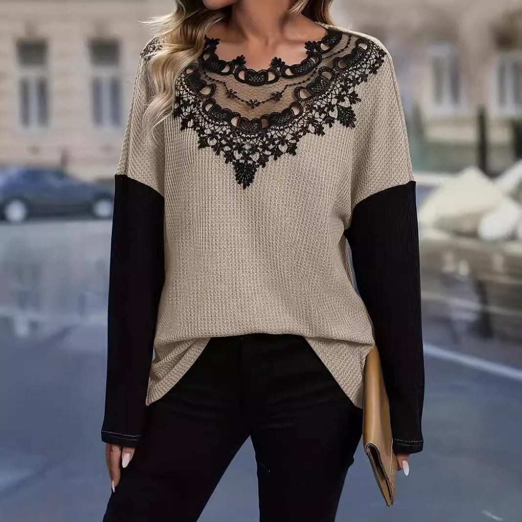 Trade Lace Stitching Hollow Loose Long Sleeve Top