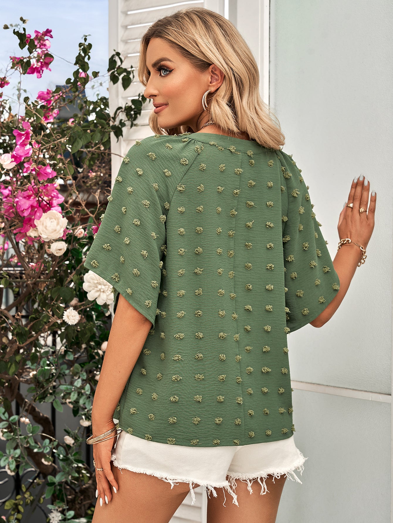 Swiss Dot Notched Neck Flare Sleeve Blouse