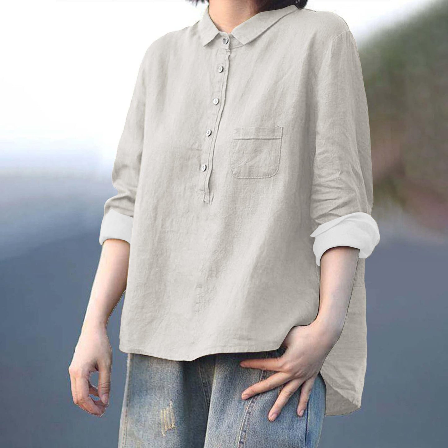 Arrival Long Sleeve Chinese Style Slub Linen Lapel Print Fashionable All-match Pocket Lining