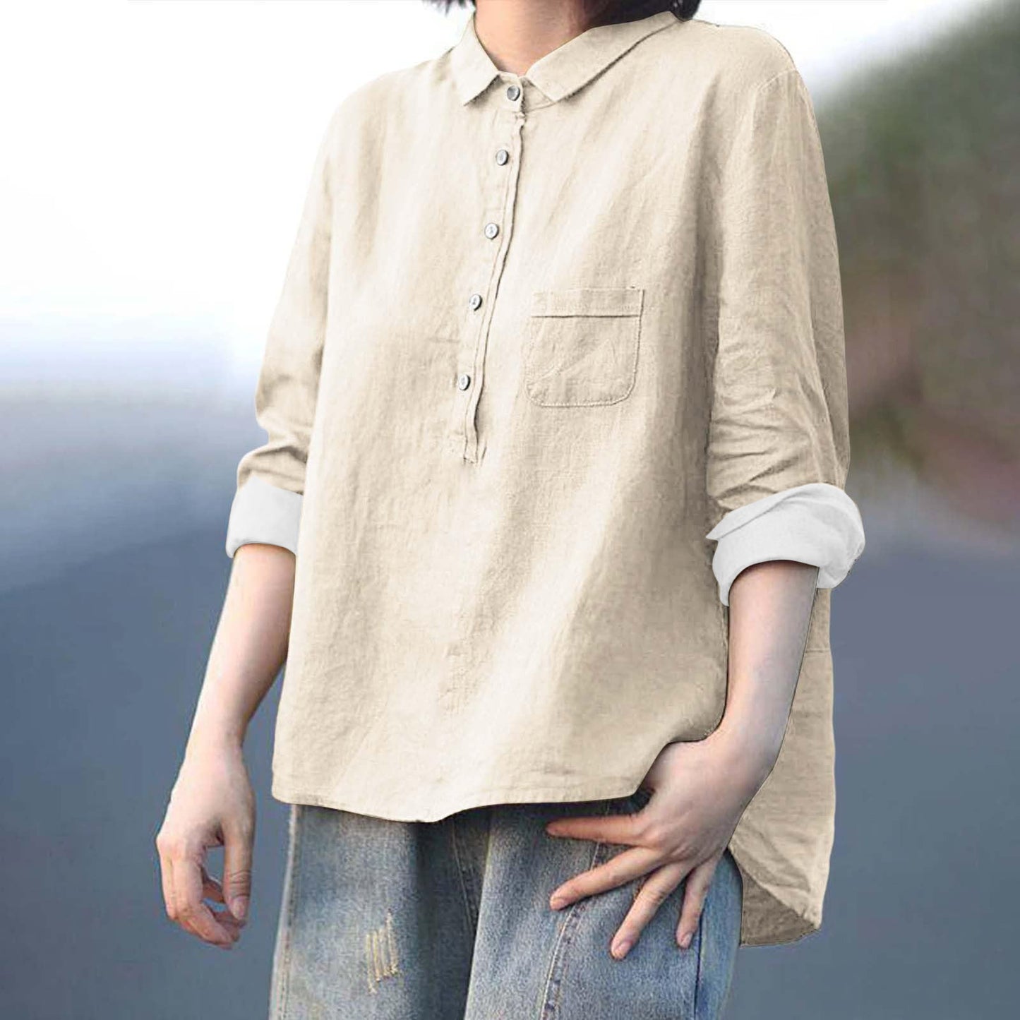 Arrival Long Sleeve Chinese Style Slub Linen Lapel Print Fashionable All-match Pocket Lining