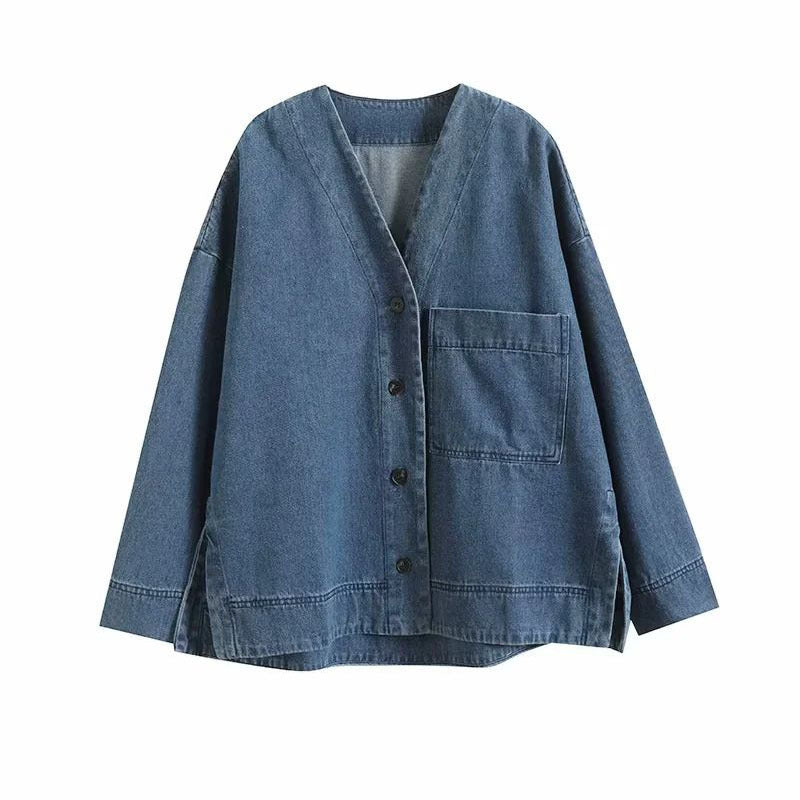 All-match V-neck Drop-shoulder Shirt Blue