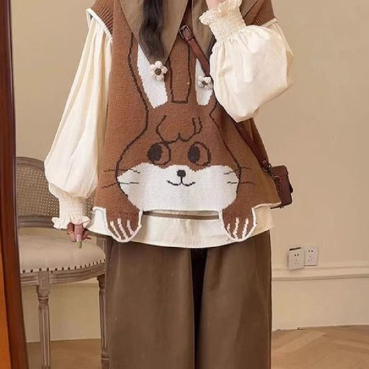 Autumn Doll Collar Shirt Brown Vest High Waist Wide Leg Pants