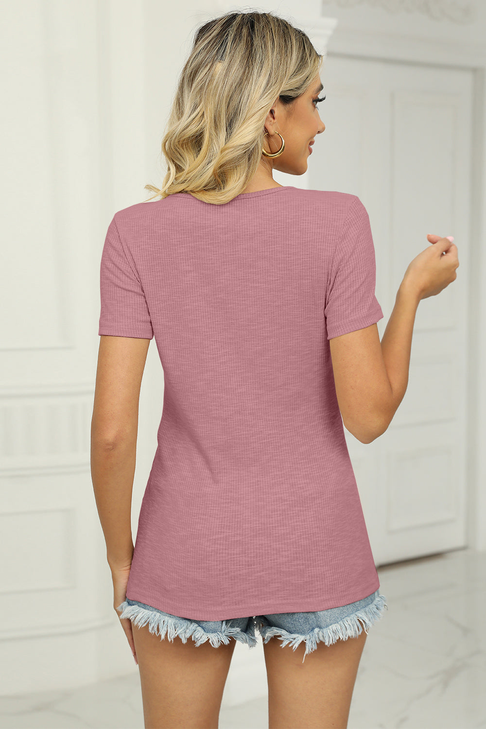 Twisted V-Neck Ribbed T-Shirt