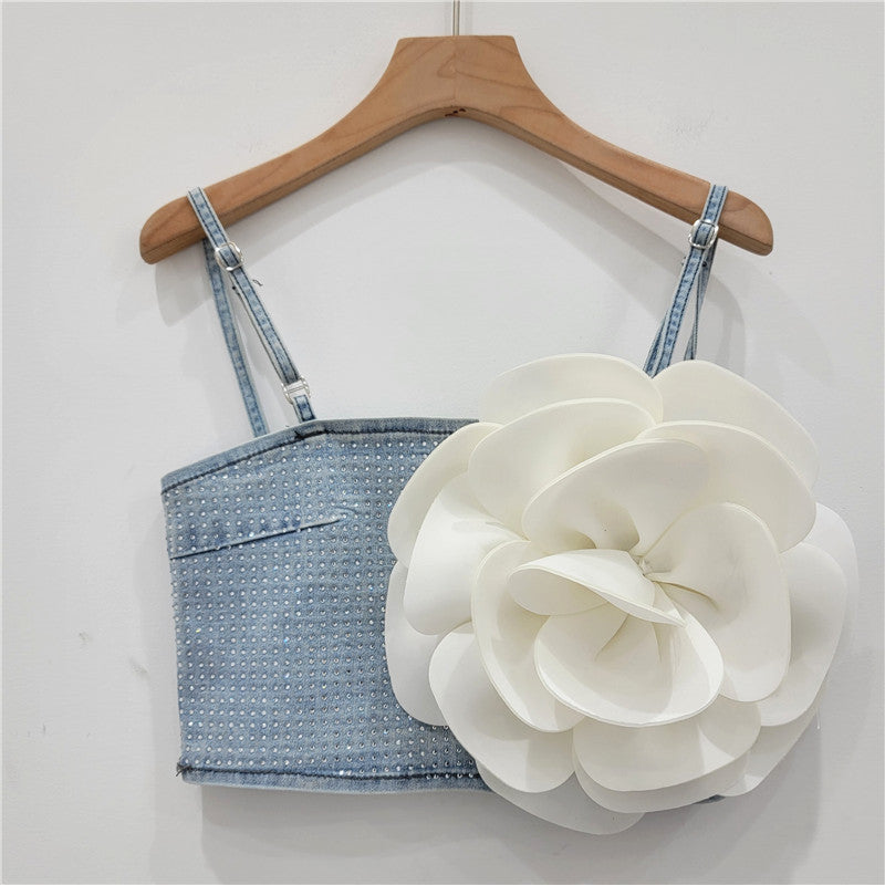 Three-dimensional Large Flower Camisole Women's Outer Wear Rhinestone Denim Short Top