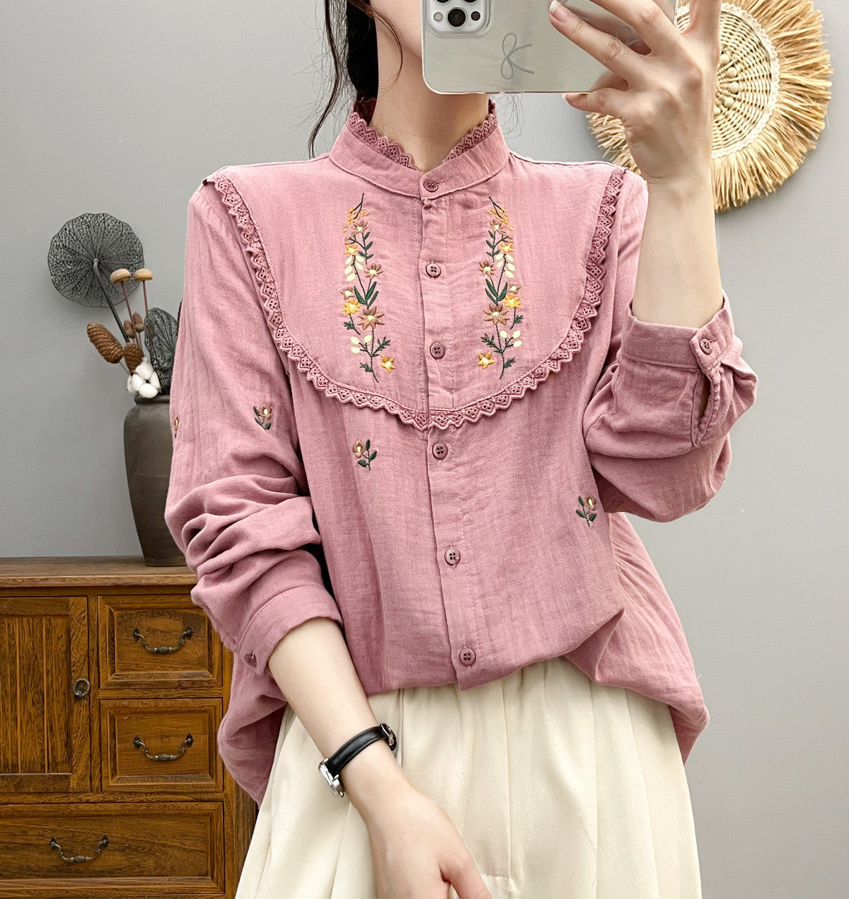 2830 Collar Embroidered Lace Cotton Yarn Long Sleeve Shirt