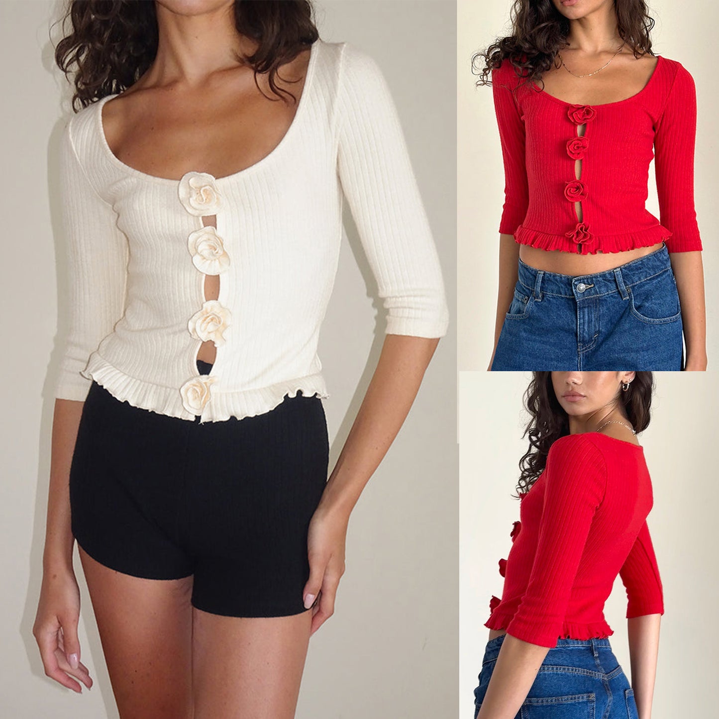 Three-quarter Sleeve Rose 3D Flower Wooden Ear Short Midriff-baring Top