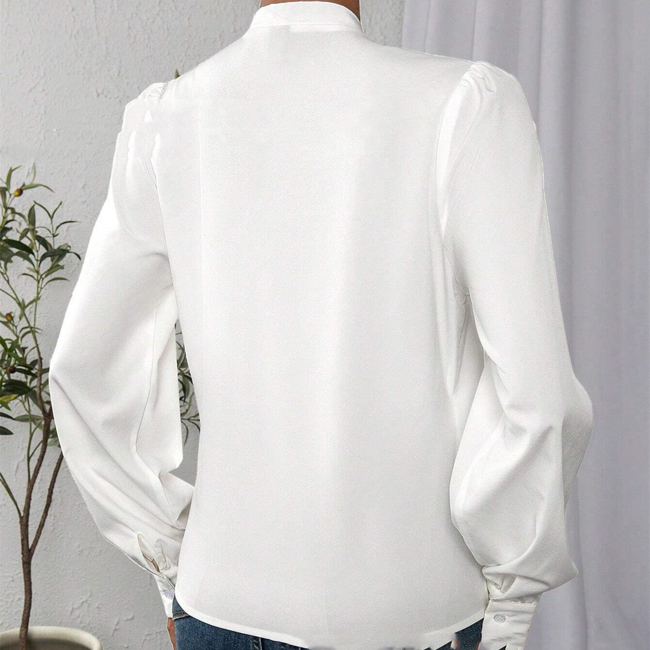 Casual Long Sleeve V-neck White Shirt Top Solid Color