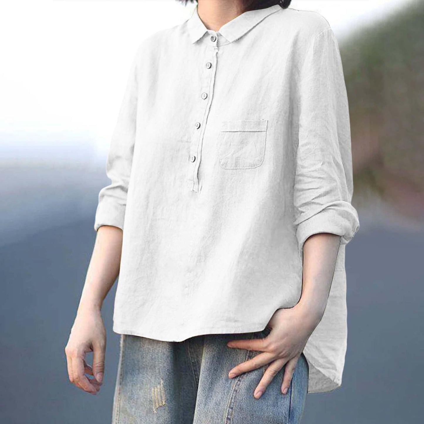 Arrival Long Sleeve Chinese Style Slub Linen Lapel Print Fashionable All-match Pocket Lining