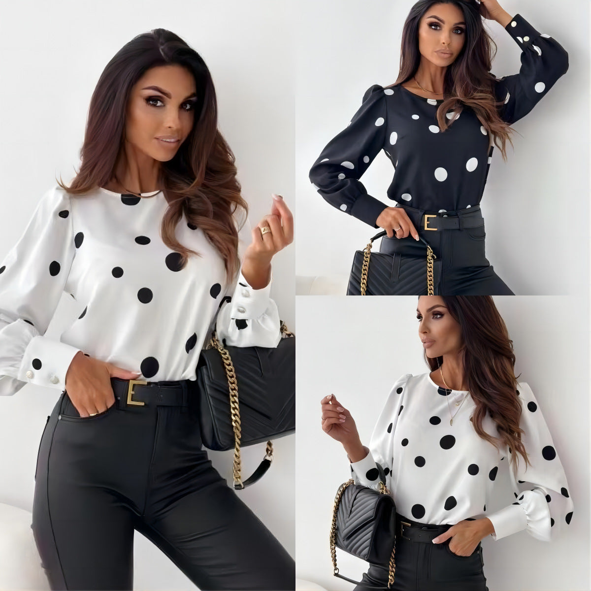 Autumn Top Round Neck Polka Dot Long Sleeve Shirt Printed