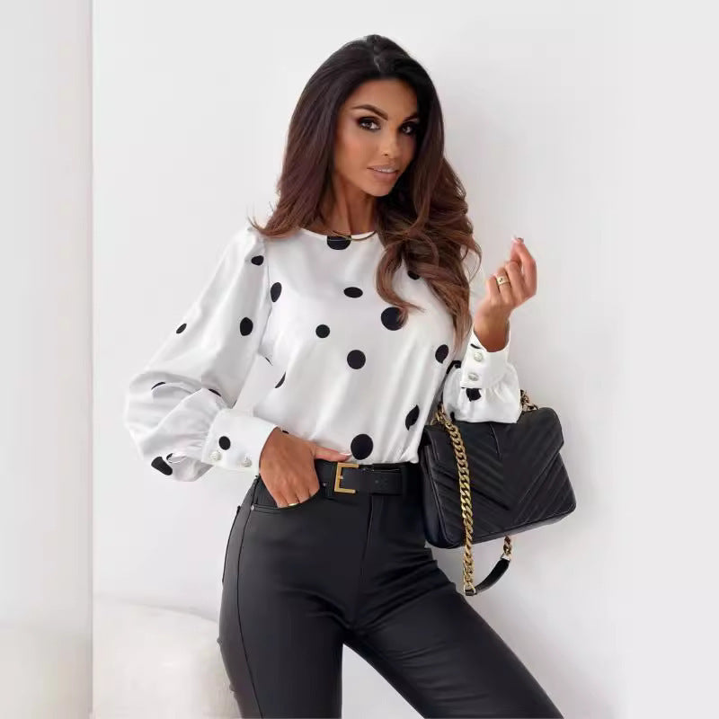 Autumn Top Round Neck Polka Dot Long Sleeve Shirt Printed