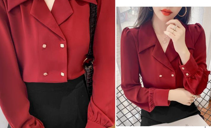 Temperament Double-breasted Puffy Sleeve Professional Shirt Vintage Hong Kong Style Top