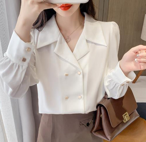 Temperament Double-breasted Puffy Sleeve Professional Shirt Vintage Hong Kong Style Top