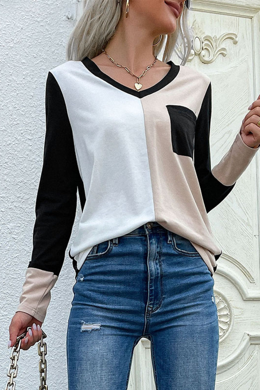 Perfee Spliced Long Sleeve Tee with Pocket