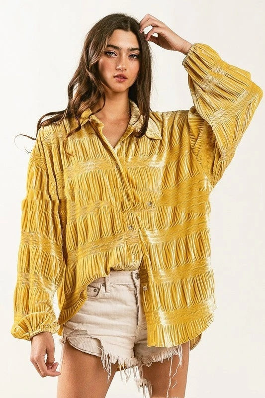 Autumn Multi-layer Pleated Velvet Single-breasted Shirt For Women