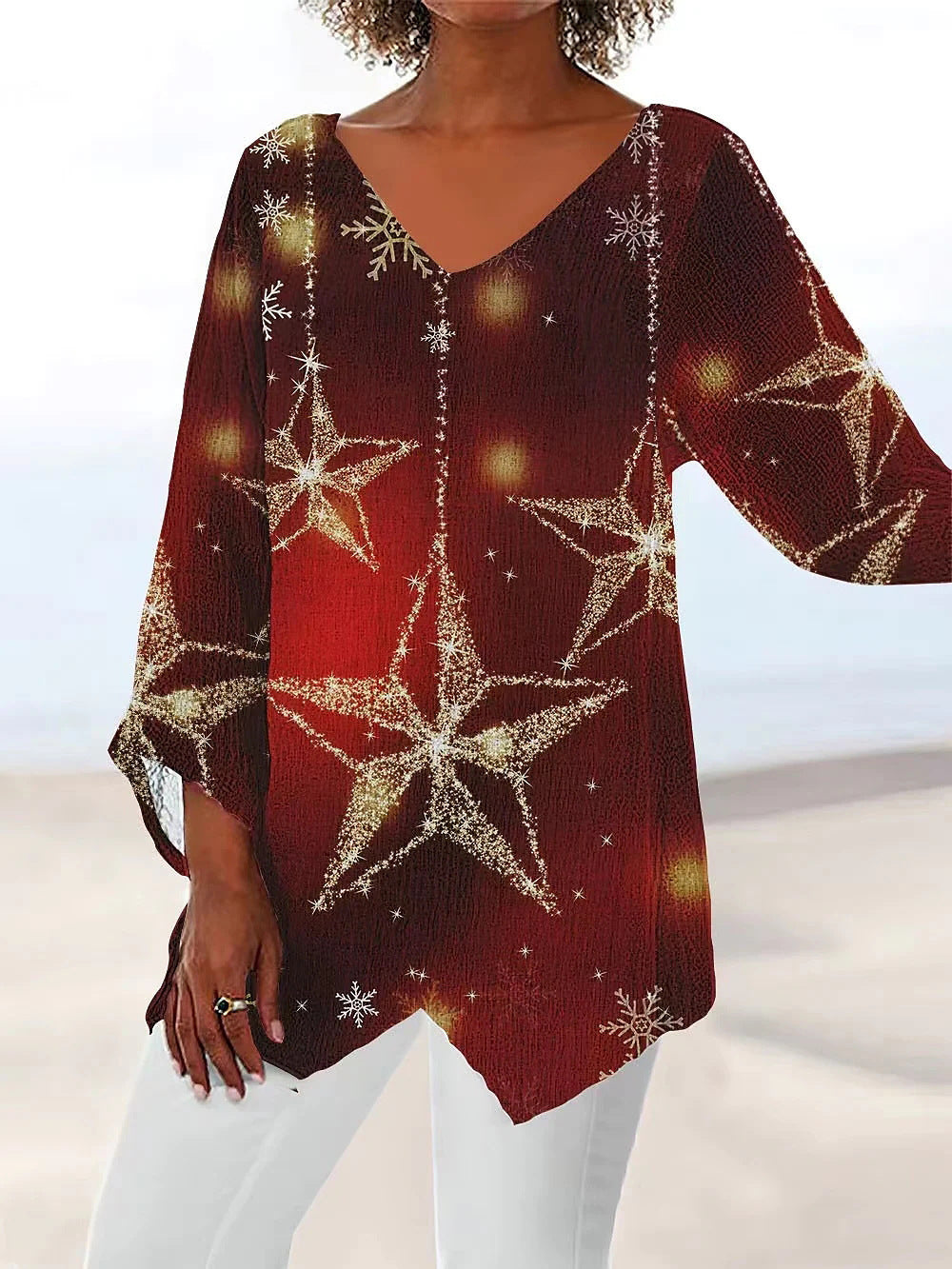 T-shirt Casual Loose And Irregular Printed Long Sleeve V-neck Top