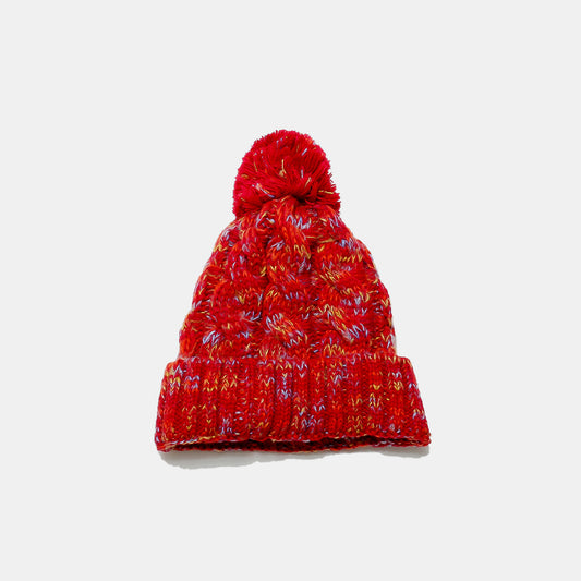 Contrast Cable-Knit Hat with Pompom