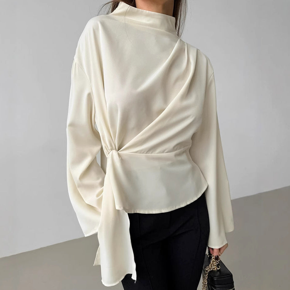 Small Stand Collar Chiffon Bell Sleeve Pleated Split Shirt