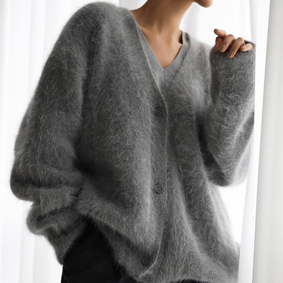 2024 Cross-border Hot Sale Spring And Autumn Imitation Marten Cardigan Women Idle Style Loose Sweater Coat Soft Long-sleeved Sweater Women