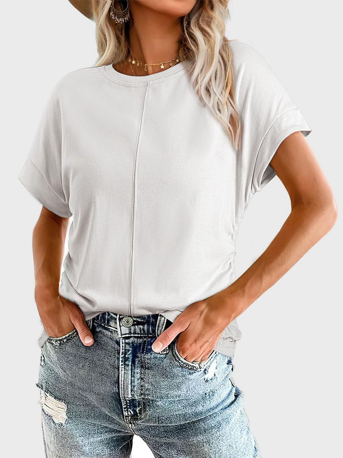 Ruched Round Neck Short Sleeve T-Shirt