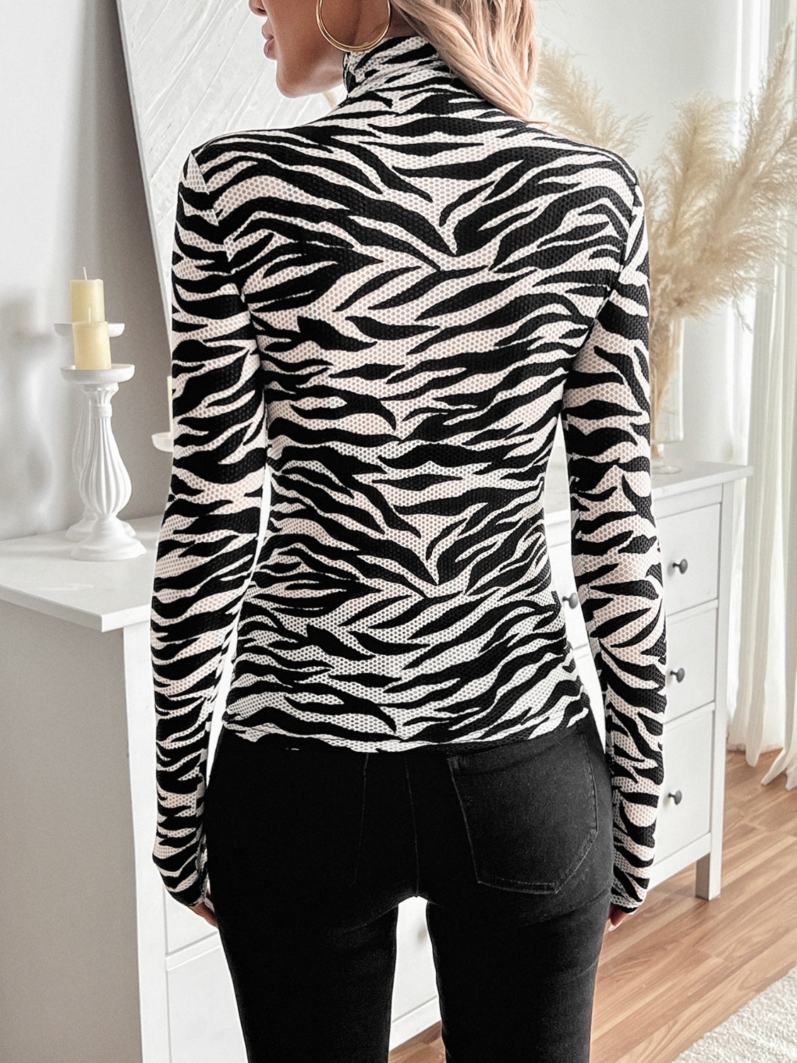 Zebra Print Turtleneck Long Sleeve T-Shirt