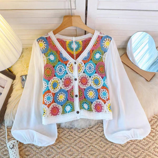 Thai Style Vacation Style Crocheted Hollow Design Knitted Chiffon Patchwork Long Sleeve Retro Slimming V-neck Cardigan For Women