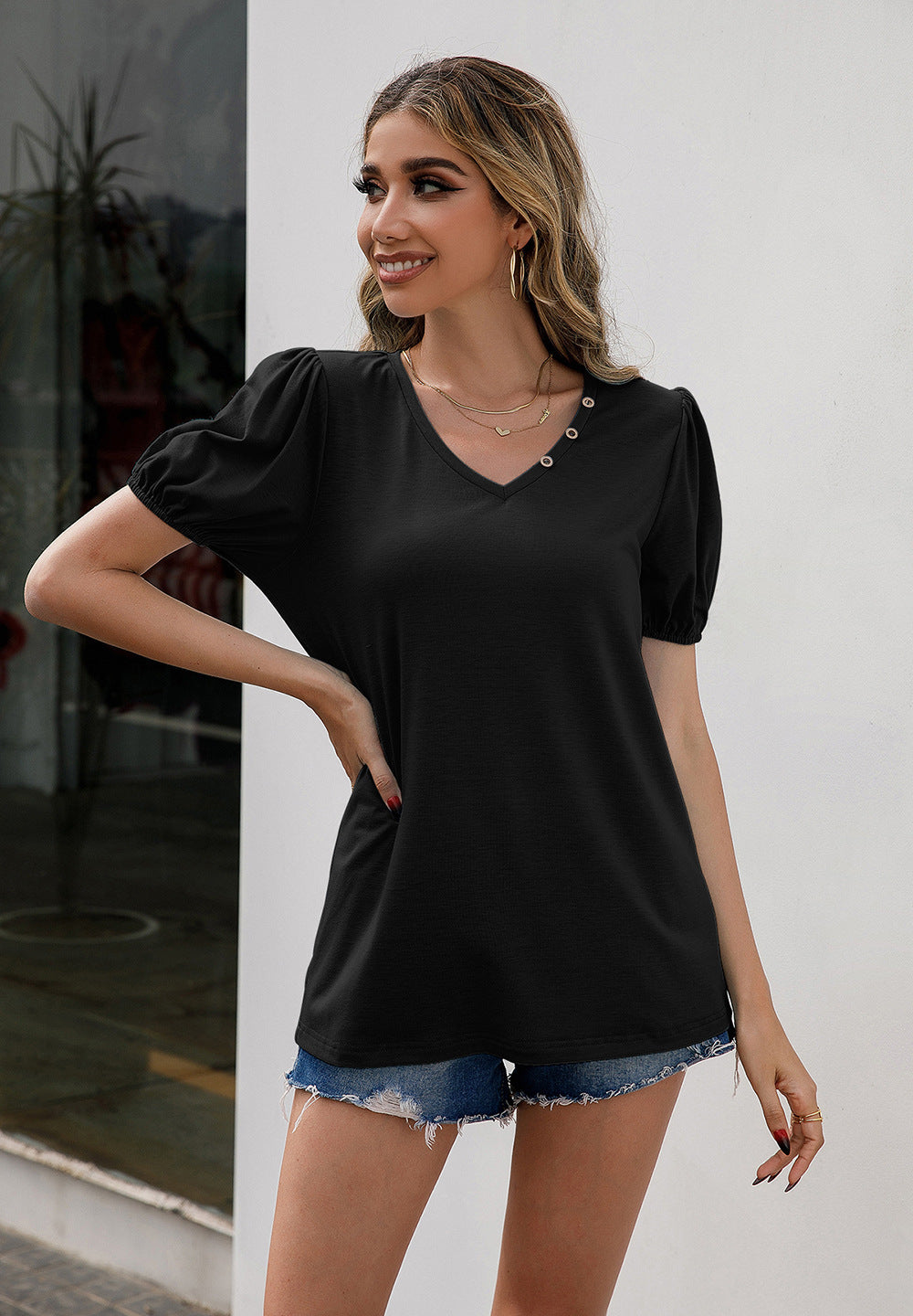 Ivy Lane V-Neck Decorative Buttons Puff Sleeve Tee