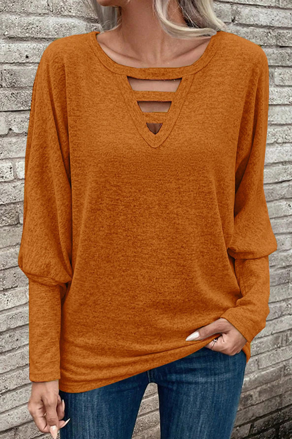 Cutout Round Neck Long Sleeve T-Shirt