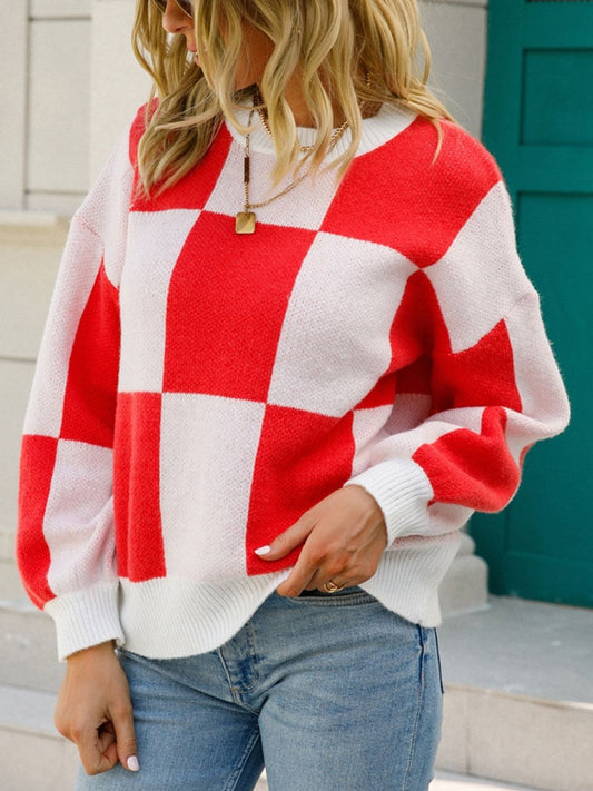 Angel Wings Checkered Round Neck Dropped Shoulder Sweater