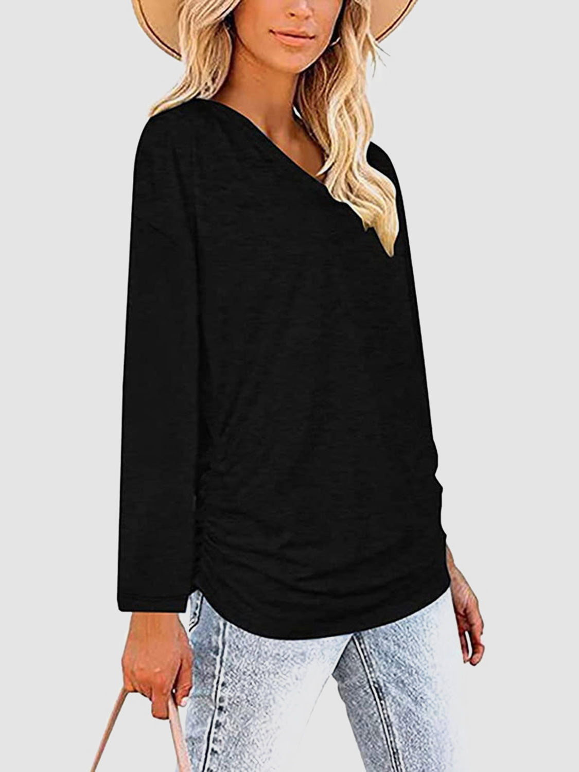 Ruched V-Neck Long Sleeve T-Shirt