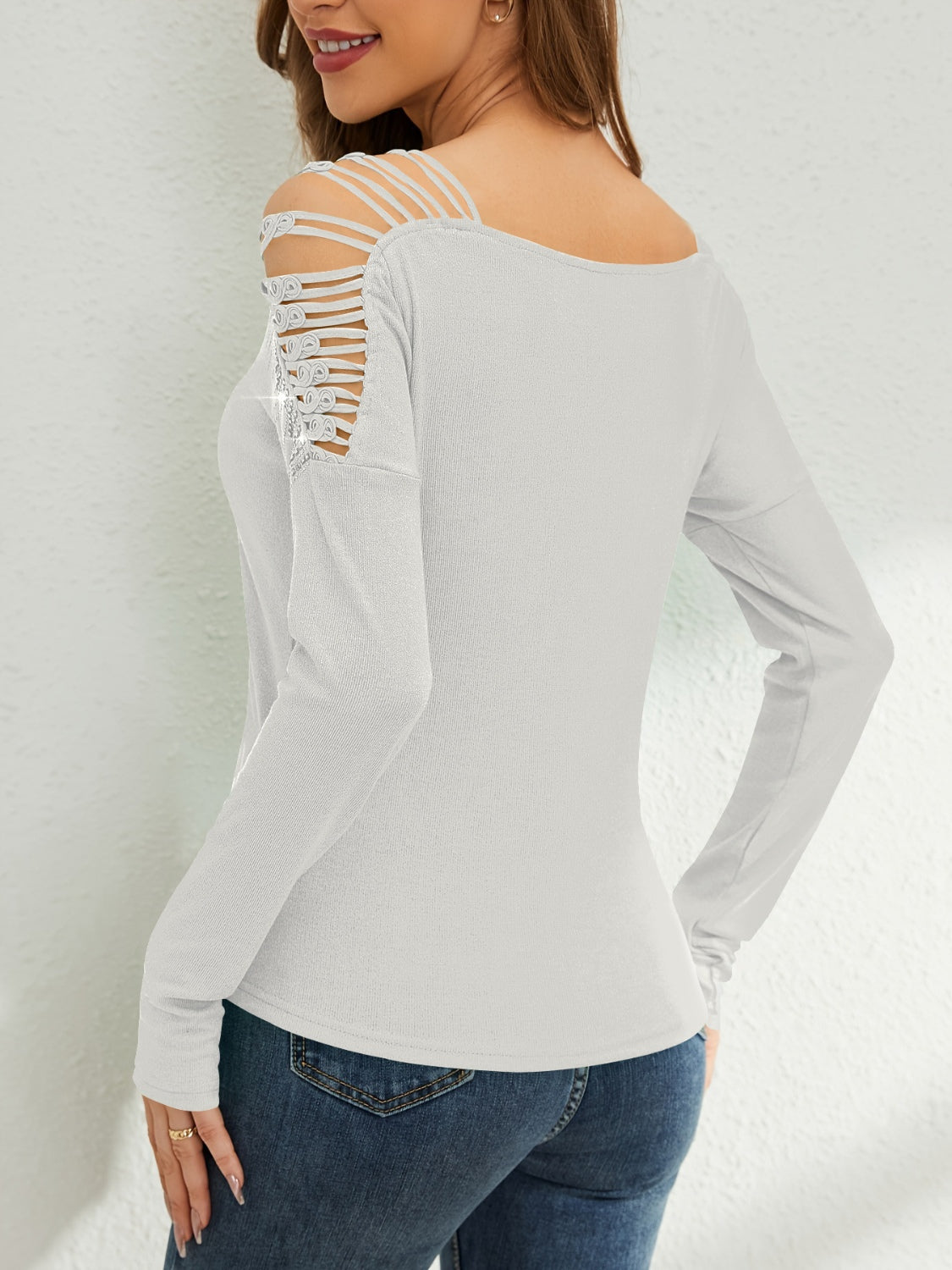 Rhinestone Cutout Long Sleeve T-Shirt