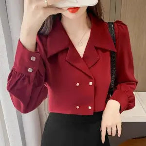 Temperament Double-breasted Puffy Sleeve Professional Shirt Vintage Hong Kong Style Top