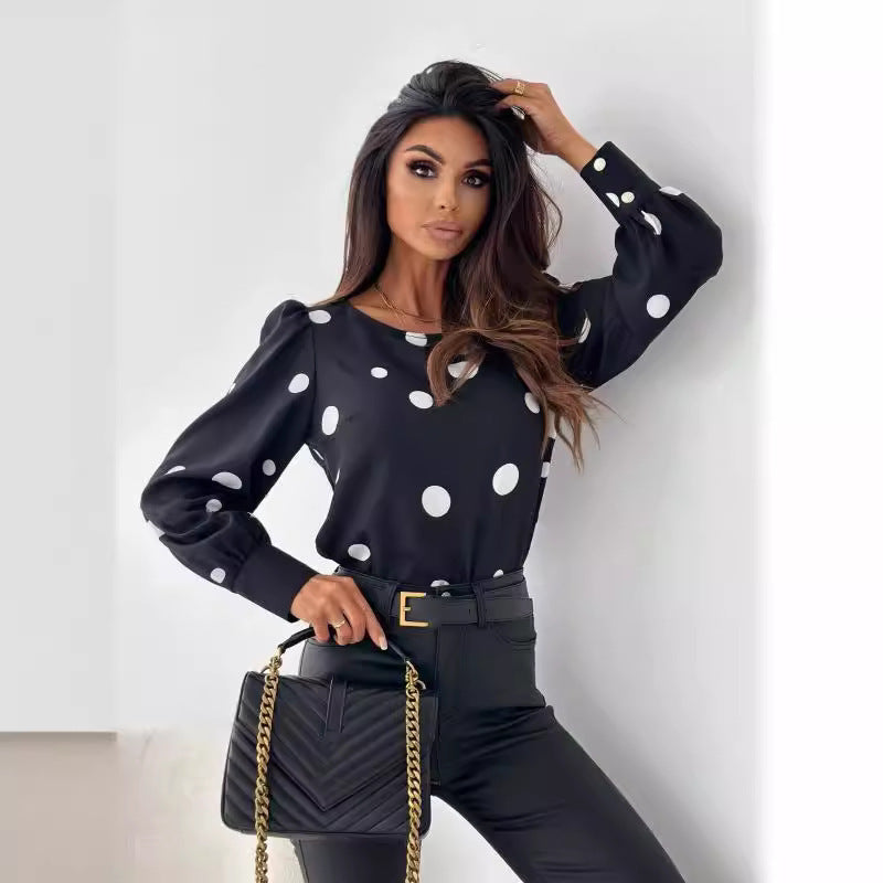 Autumn Top Round Neck Polka Dot Long Sleeve Shirt Printed