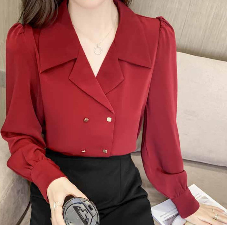 Temperament Double-breasted Puffy Sleeve Professional Shirt Vintage Hong Kong Style Top