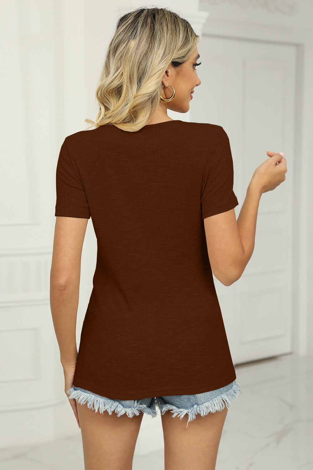 Twisted V-Neck Ribbed T-Shirt