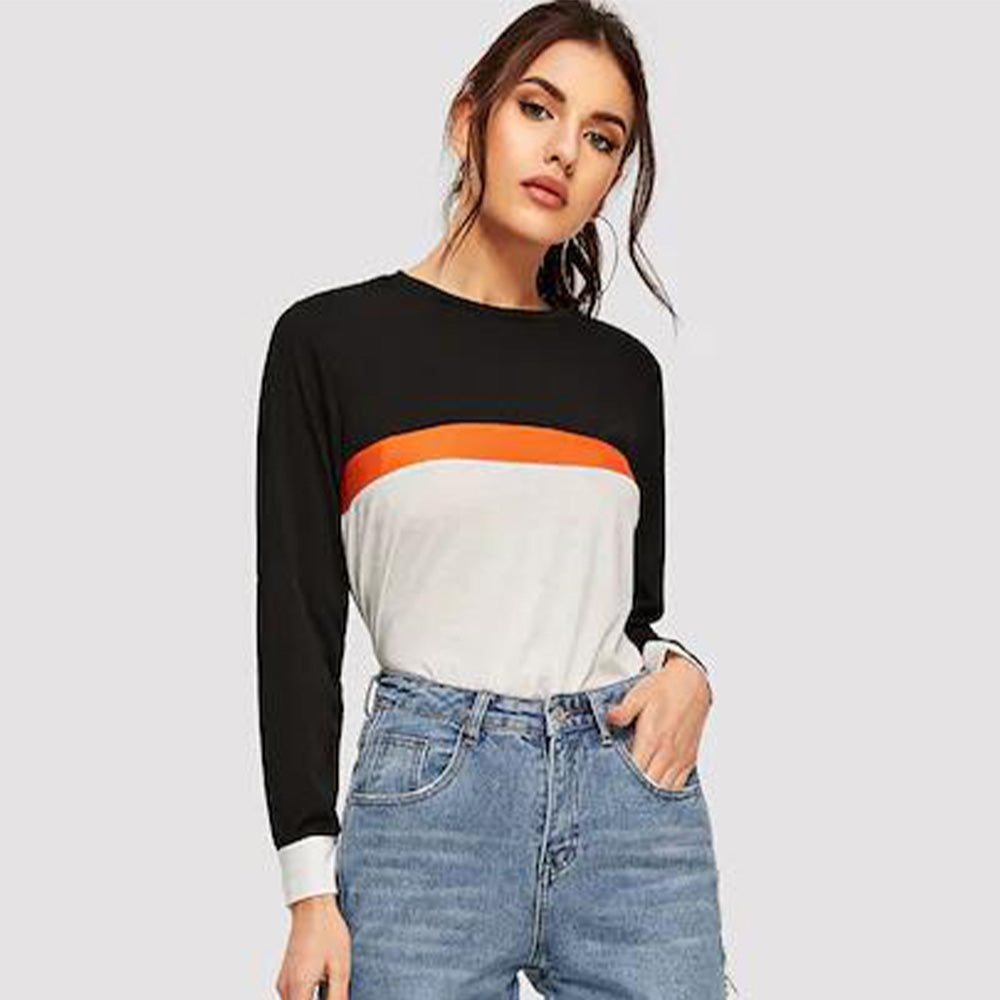 Shiny Color Block Round Neck Long Sleeve Tee