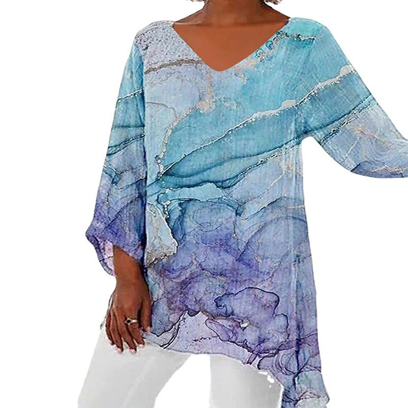 T-shirt Casual Loose And Irregular Printed Long Sleeve V-neck Top