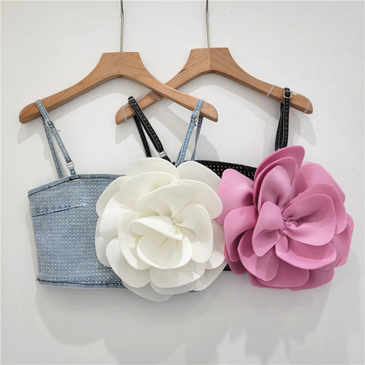 Three-dimensional Large Flower Camisole Women's Outer Wear Rhinestone Denim Short Top