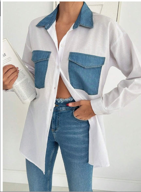 OVERSIZE WHITE SHIRT WITH DENIM POCKET DETAIL