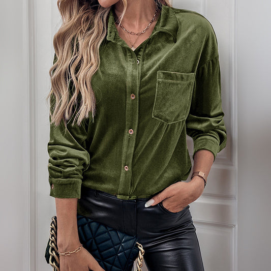 Autumn Cardigan Lapel Velvet Solid Color Long-sleeved Shirt