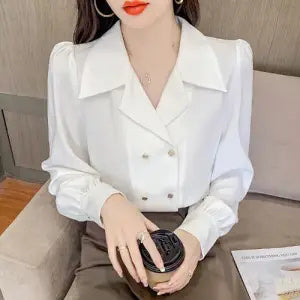 Temperament Double-breasted Puffy Sleeve Professional Shirt Vintage Hong Kong Style Top