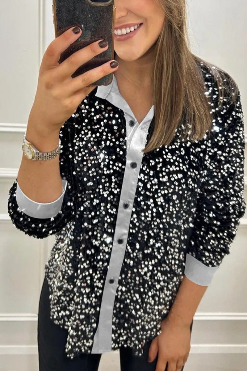 Women's Solid Color Lapel Long Sleeve Button Sequined Shirt