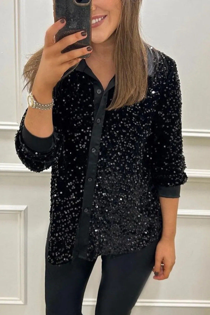 Women's Solid Color Lapel Long Sleeve Button Sequined Shirt