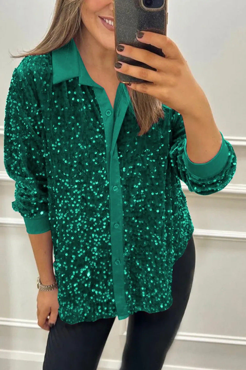 Women's Solid Color Lapel Long Sleeve Button Sequined Shirt