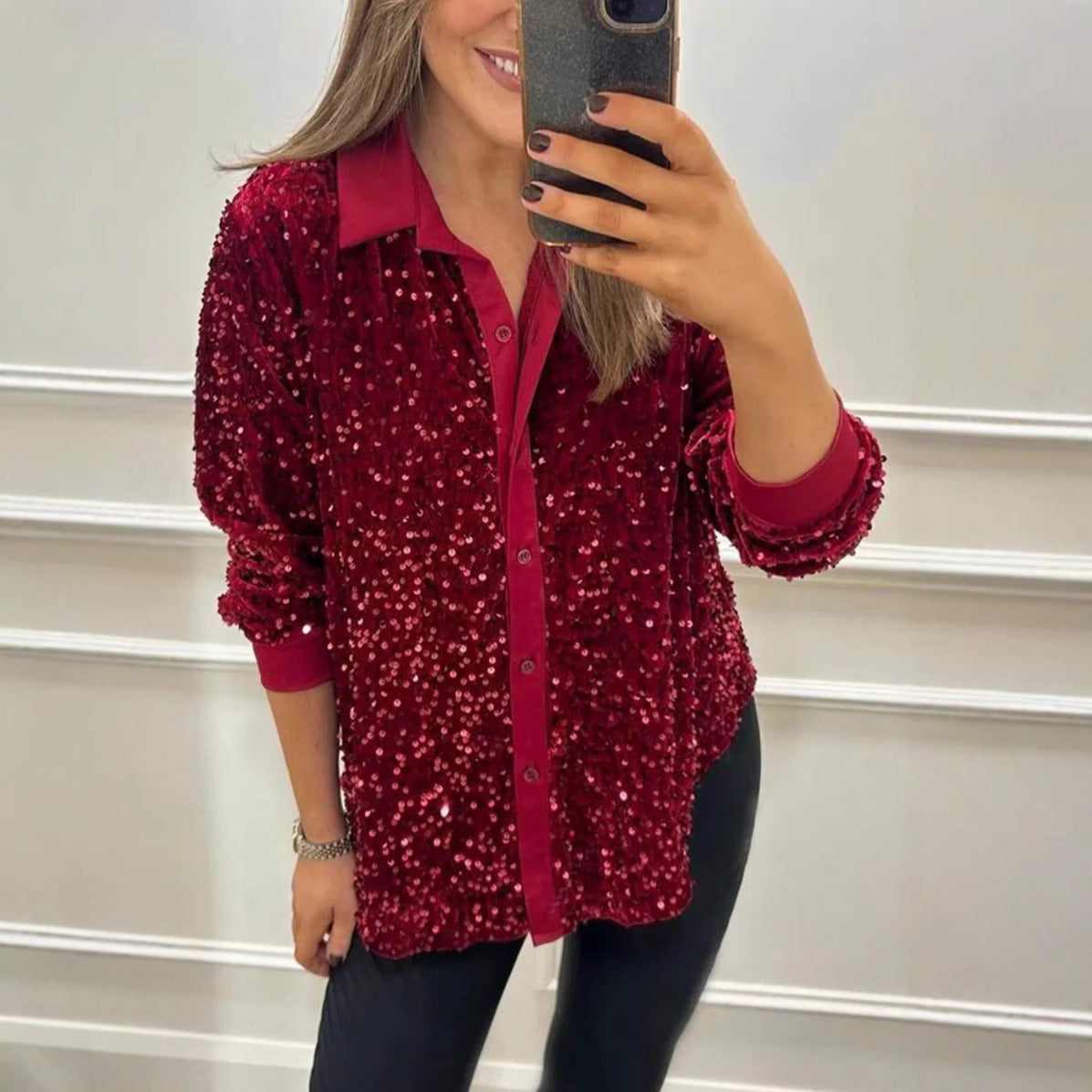 Women's Solid Color Lapel Long Sleeve Button Sequined Shirt