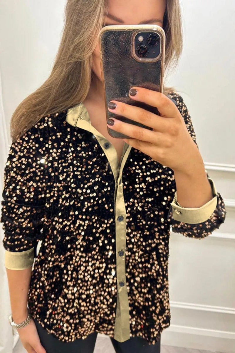 Women's Solid Color Lapel Long Sleeve Button Sequined Shirt