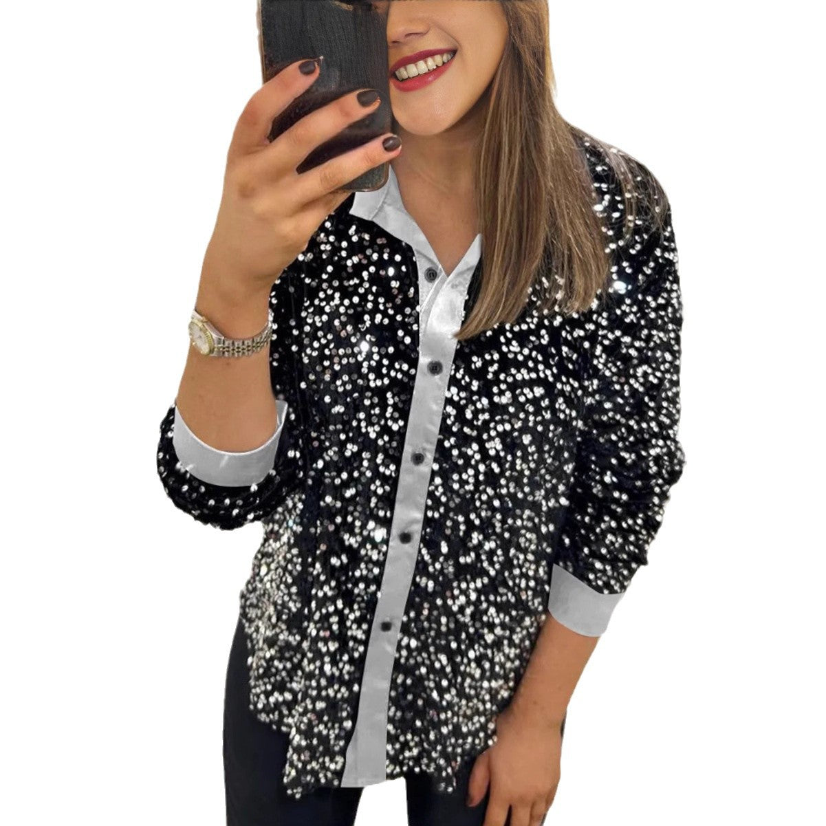 Women's Solid Color Lapel Long Sleeve Button Sequined Shirt