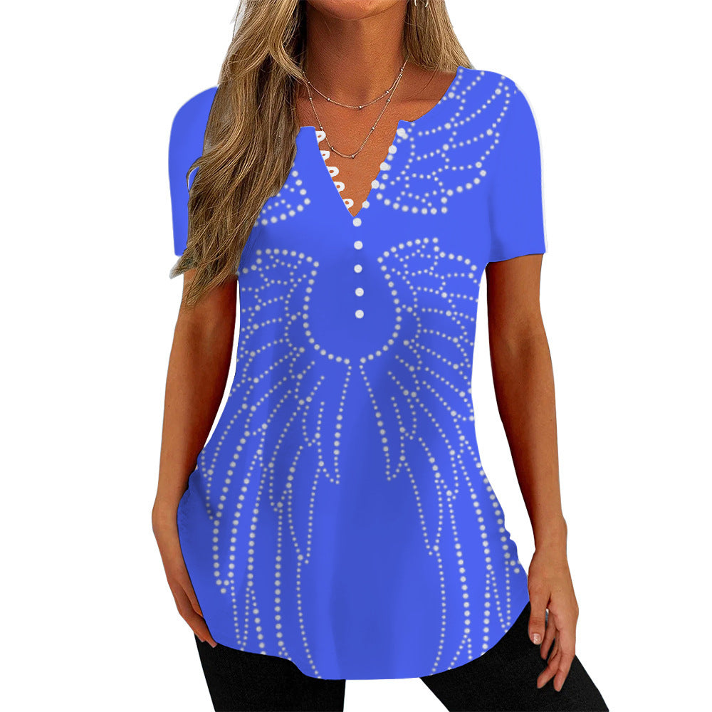 V-collar Polka Dot Wings T-shirt Short Sleeve Shirt Printed 3D Digital Top