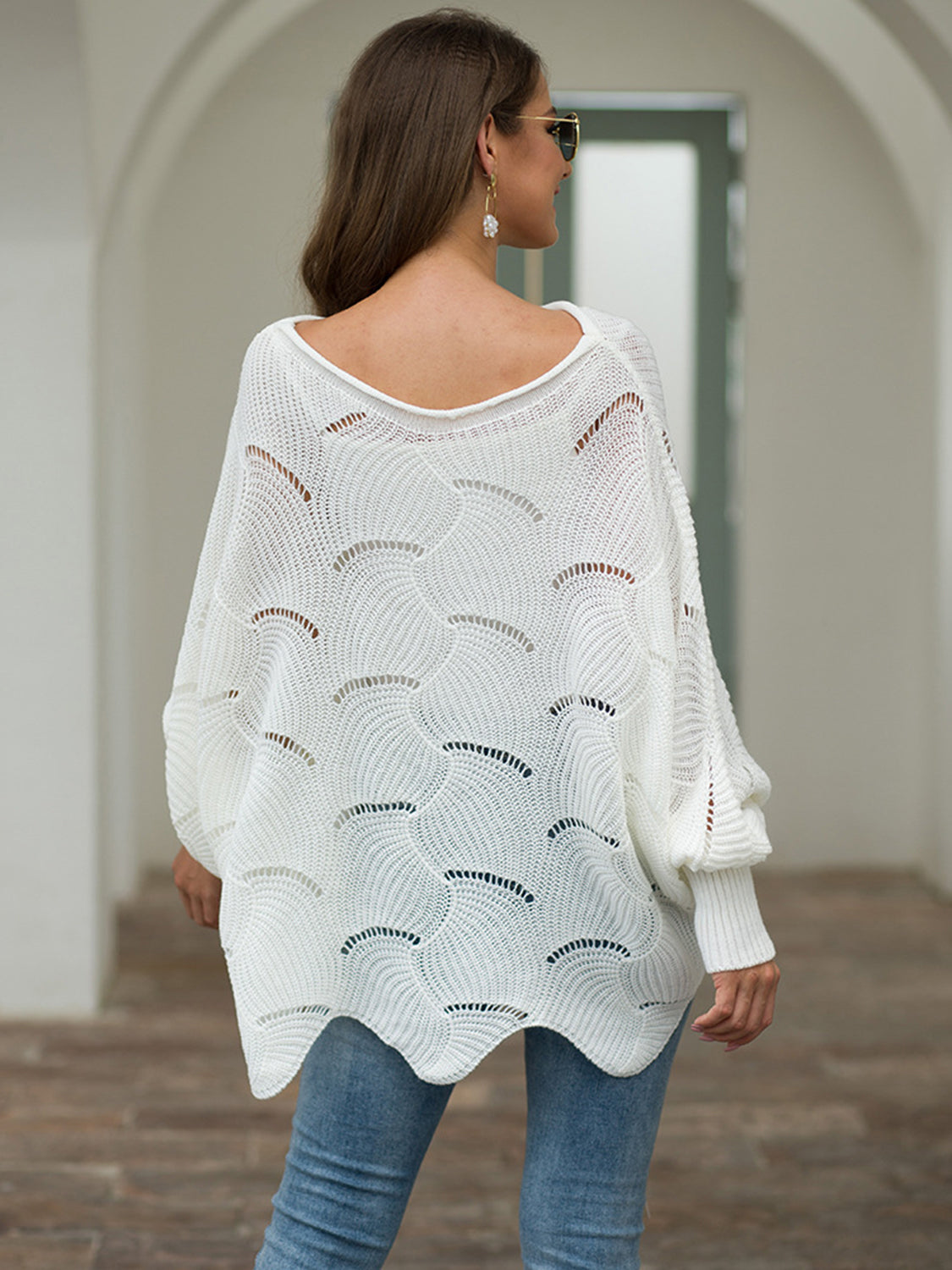 Full Size Boat Neck Lantern Sleeve Openwork Knit Top